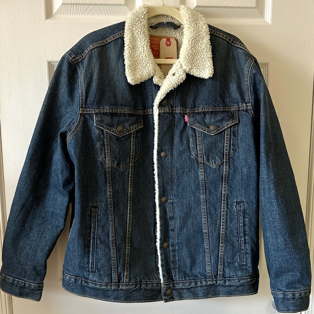 Levi’s Denim Sherpa Trucker Jacket, Dark Blue, Size XL